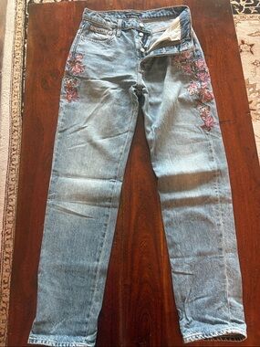 Lucky Brand Straight Leg Denim Jeans with Pink Floral Embroidery